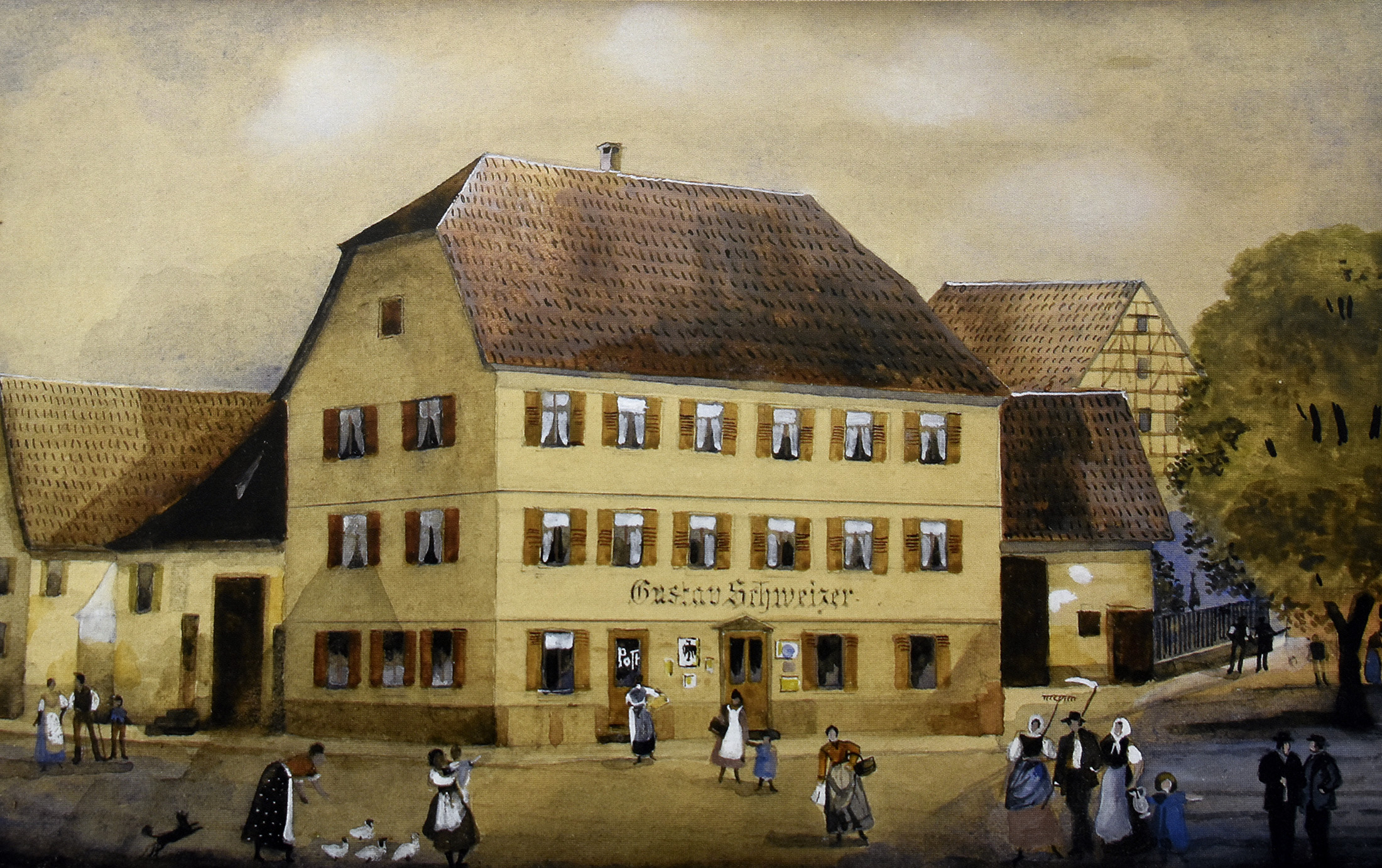 Lebensmittelgeschäft Schweizer in Hauptstr. 33, ab 1928 „Gasthaus Schwanen“, jetzt „Alt-Gerlingen“, Aquarell (anonym) um 1920