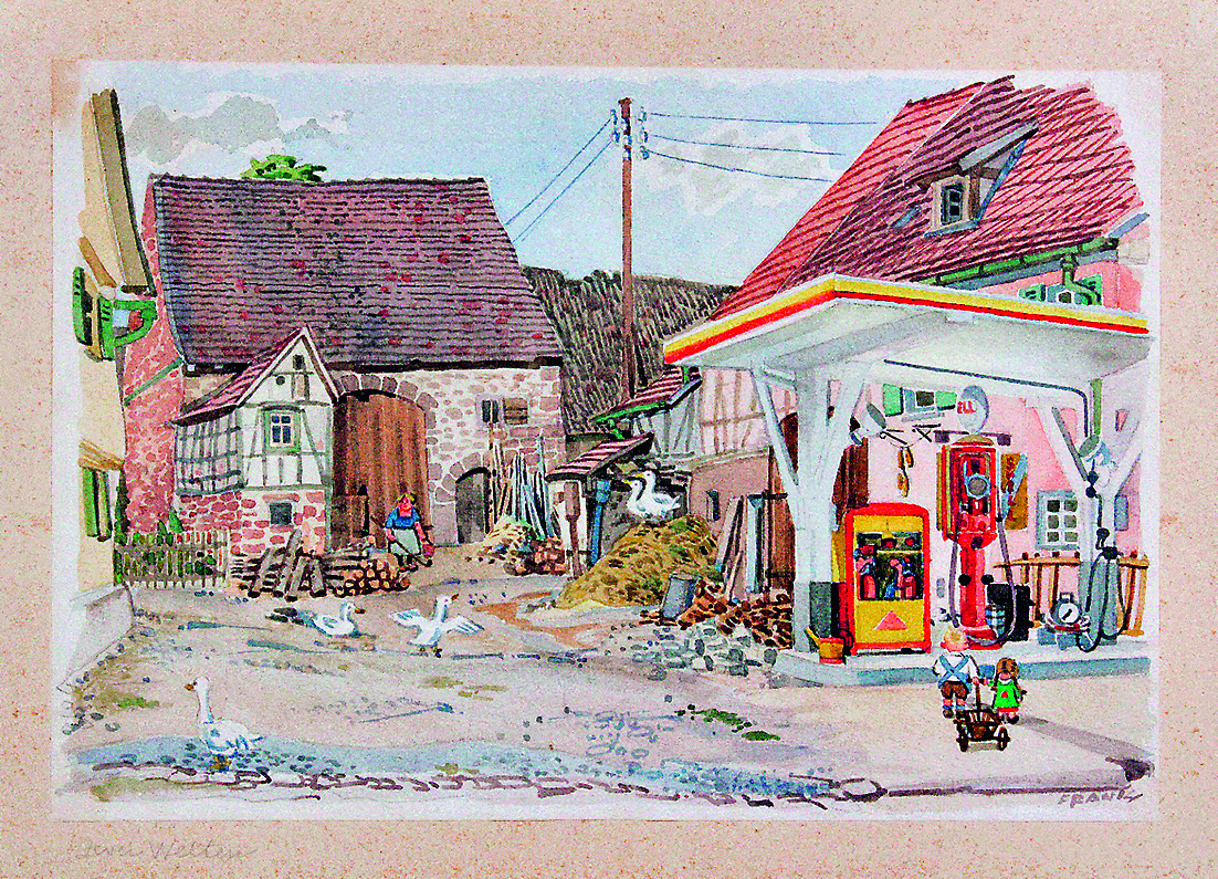 Tankstelle in der Gerlinger Hauptstraße 26, Aquarell von Hugo Frank (1955)