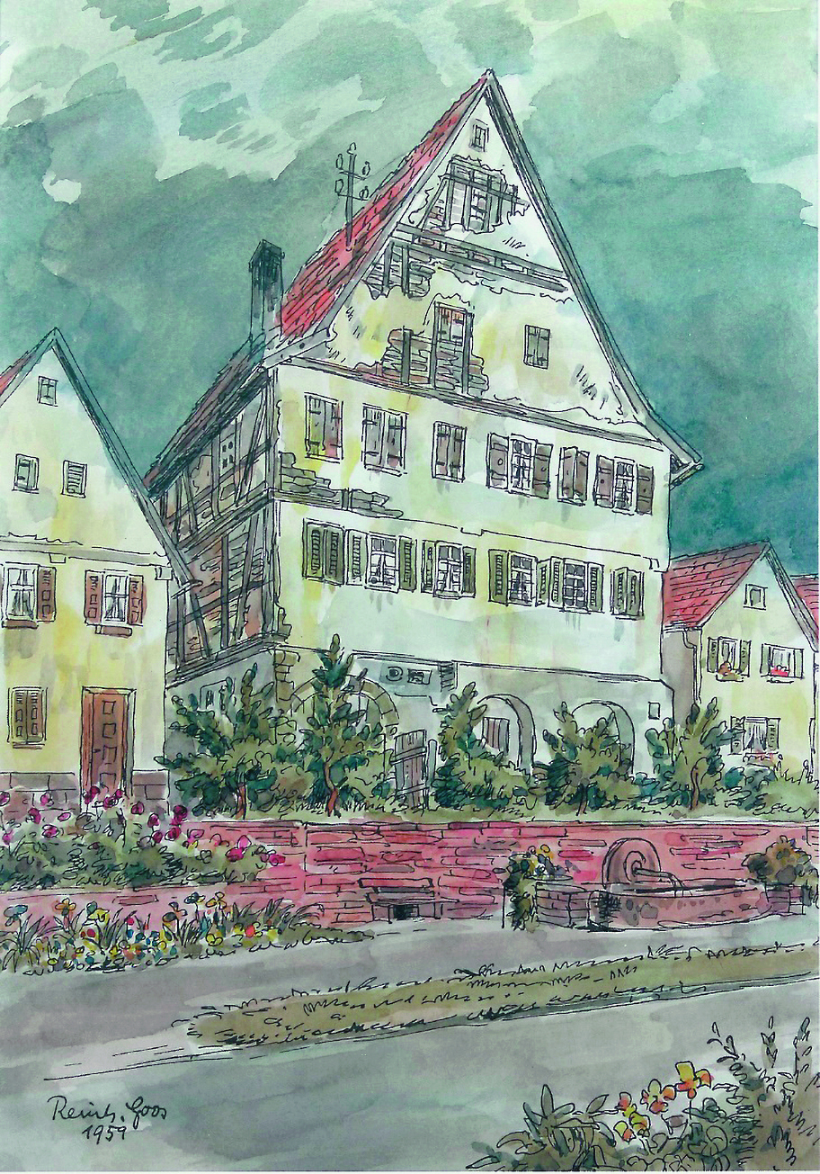 Das Grosse Haus, Aquarell von Reinhold Goos (1959), links davon die heutige Gaststätte „Im Wengert“